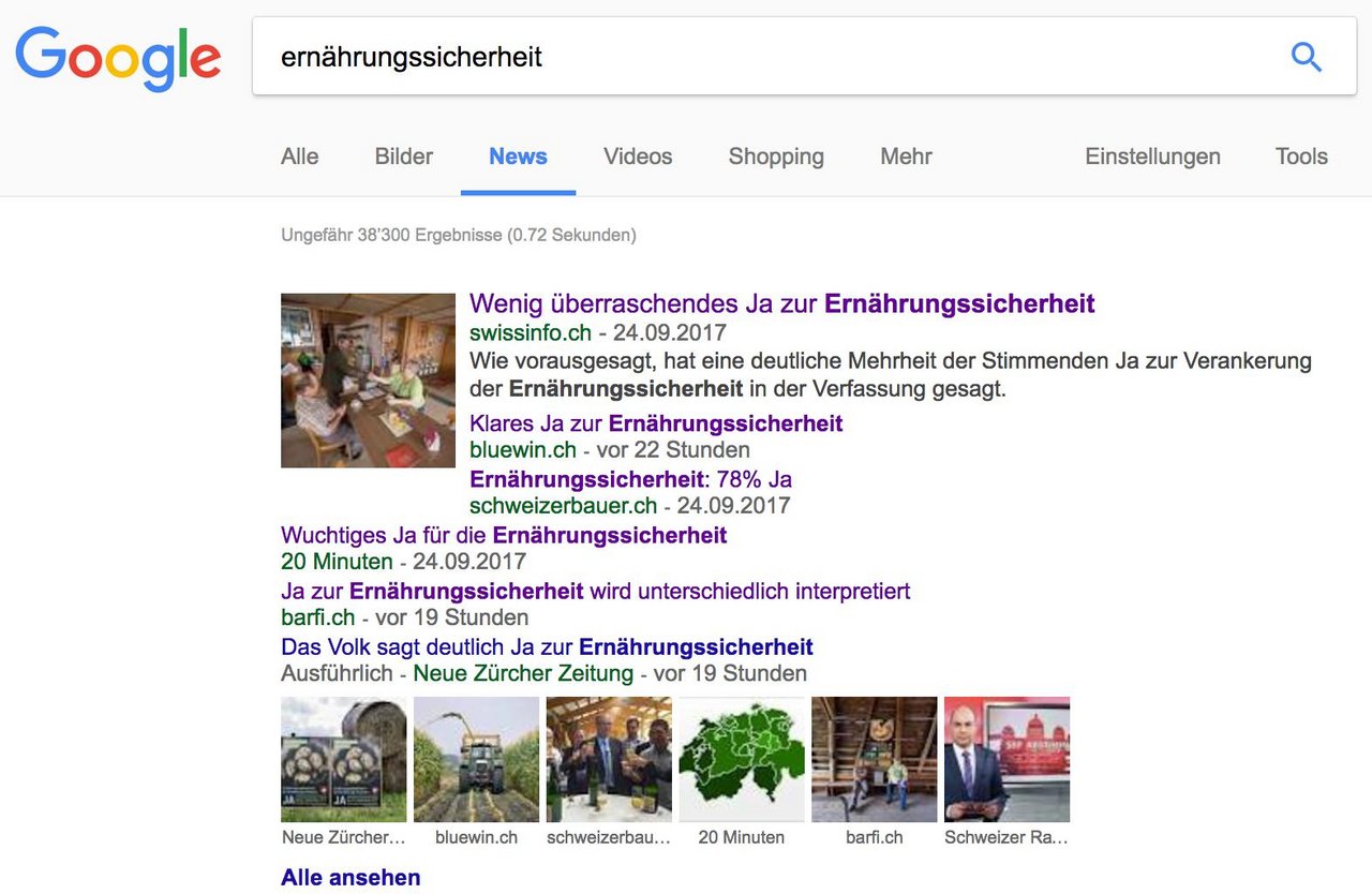 Ernährungssicherheit: Seit gestern ist der Begriff in der Schweizer Bundesverfassung verankert - und seit langem ein grosses Thema in den Medien. (Screenshot)