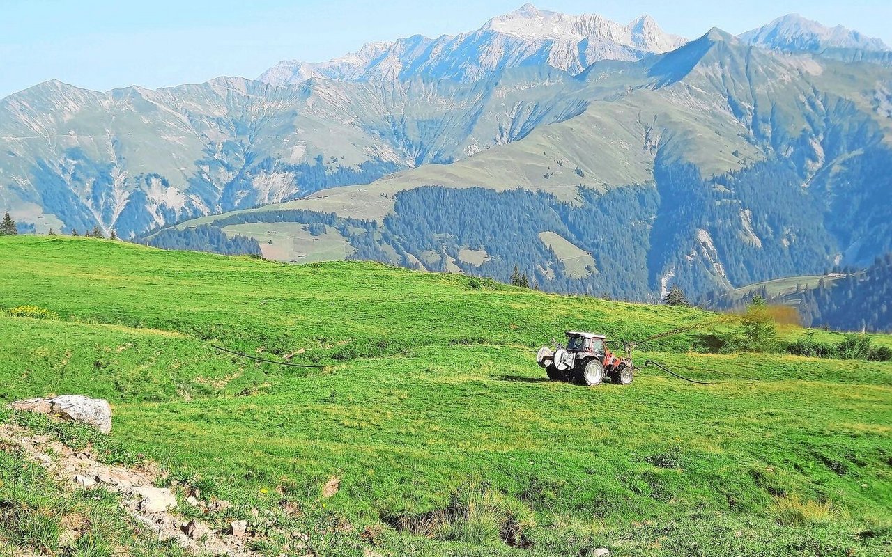 Traktor und Schlauch im Einsatz: Die Weiden der Alp Valpun werden via Verschlauchung gegüllt.