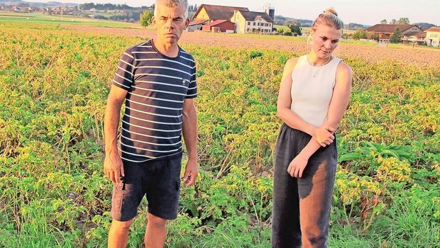 Peter Metzger (l.) baut die neue Kartoffelsorte Montis an. Carol Tanner betreut den Anbauversuch mit dem Pflanzabstand.