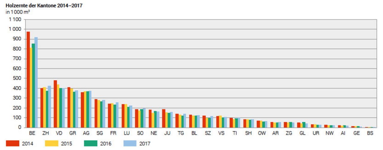 Im Kanton Bern wurde in den letzten Jahren am meisten Holz geerntet.