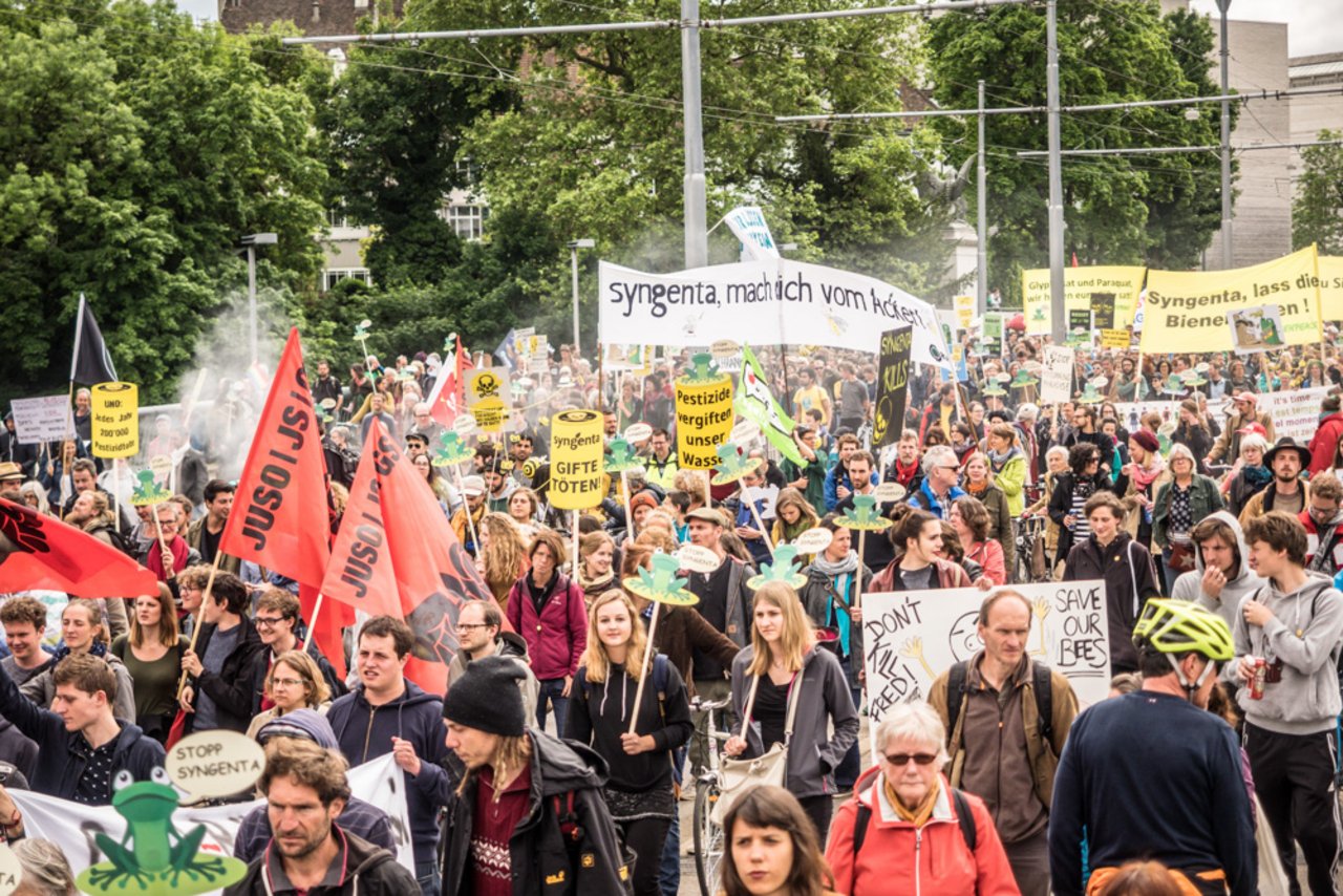 Rund 1500 Menschen haben heute in Basel gegen die Macht von Agrochemiekonzernen demonstriert (Bild zVg).