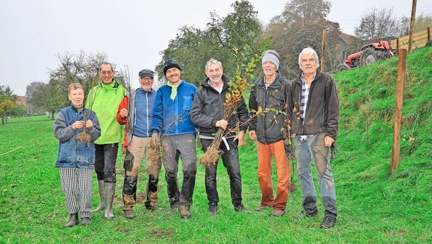 Die Teilnehmer des Heckentages in Schönholzerswilen. In einem Tag Arbeit haben Sie auf 105 Metern eine Hecke gepflanzt und einen Wildschutzzaun erstellt.