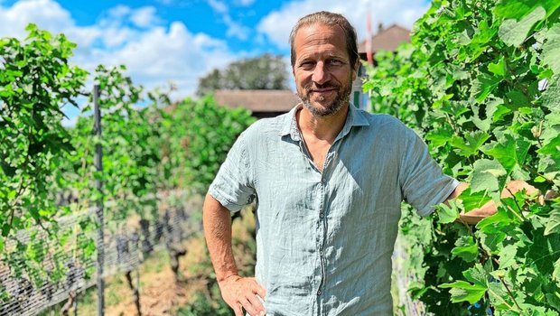 «Ich weiss, wer meinen Wein trinken wird und kann der Kundschaft direkt dessen Geschichte erzählen»: Blaise Hofmann in seinem Rebberg in Villars-sous-Yens VD, im Hintergrund sein Elternhaus. 