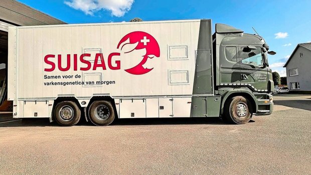 Suisag-Logo auf einem Lastwagen in der Region Flandern, Belgien. Hier setzt ein Vermehrungszüchter auf Schweizer Genetik.