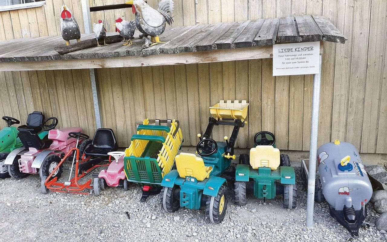 Ein Fuhrpark lockt Familien mit Kindern an, wie hier auf dem Hof von Familie Füglistaller in Wohlenschwil AG.