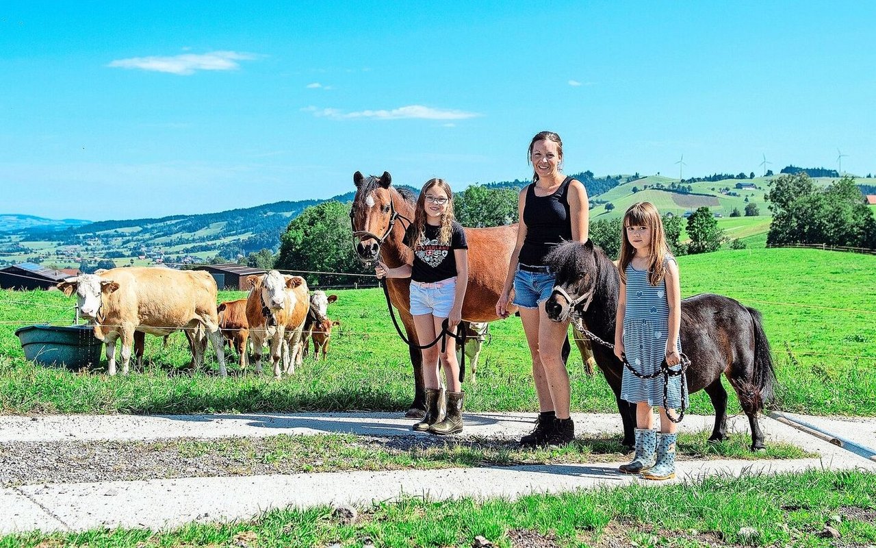 Larissa mit ihrem Pony Dino, Martina Wicki und Lea mit dem Shetty Leni. Die betriebseigenen Simmentaler-Mutterkühe mit ihren Kälbern beobachten die Szene.